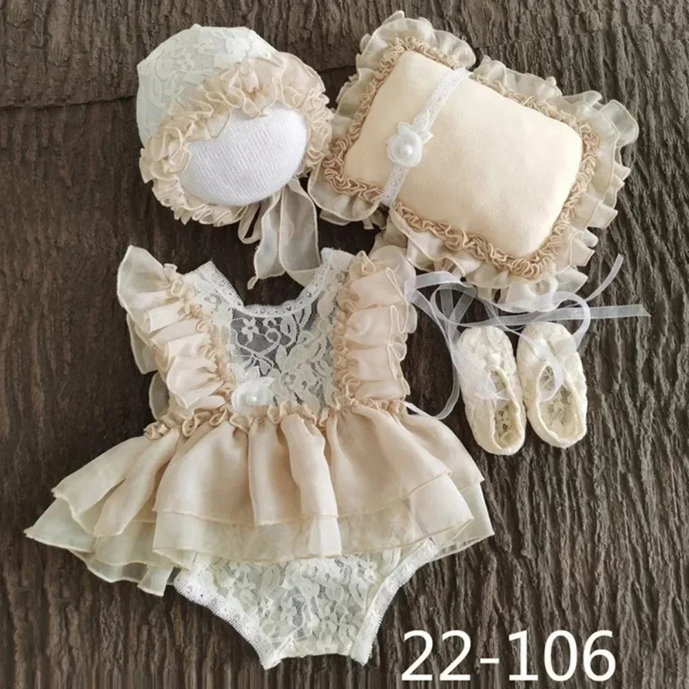 Baby Photography Clothes Cute Princess Style Lace Hat+Posing Pillow+Romper+Shoes Sets Decor Newborn Photoshoot Accessories