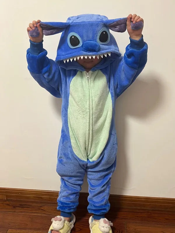 Stitch Anime Flannel Pajamas For Kids Autumn Winter Boy Girls Pyjamas Jumpsuit Children Christmas Halloween Pajama Party Costume