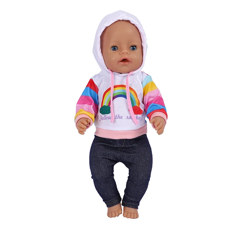 43 cm Doll Outfits Rainbow Hoodies and Pants Fashion Reborn Doll Suit Clothes for Baby Born18 Inch Dolls Birthday Festival Gift