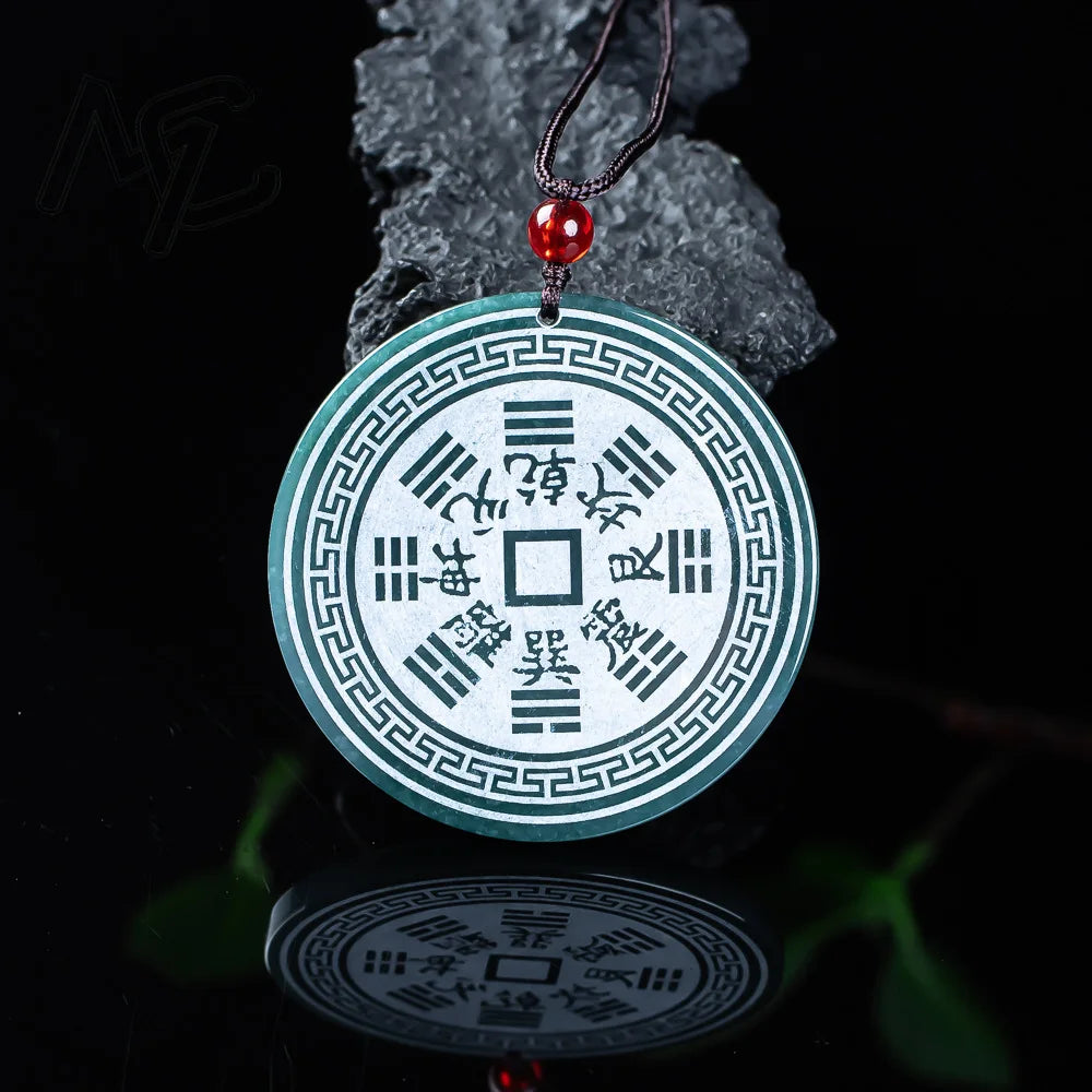 Real Natural Jadeite Blue Water Mountain Ghost Coin Pendant Necklace Carved Charm Jewelry Fashion Amulet Gifts for Men Women