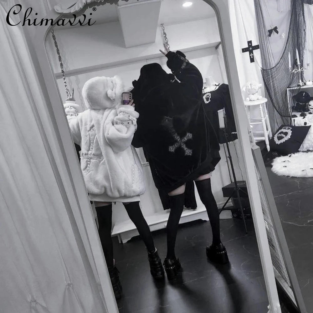 Japanese Mine Series Riveted Cross Sheep Ear Hooded Jacket Winter New Goth Punk Dark Girls Imitation Fur Plush Coat Women