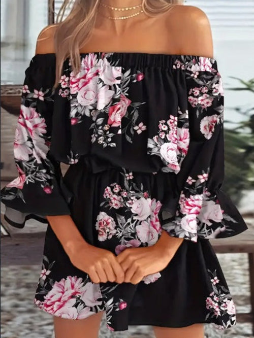 Boho Leaf Graphic Print Off Shoulder Dress, Sexy Backless Ruffle