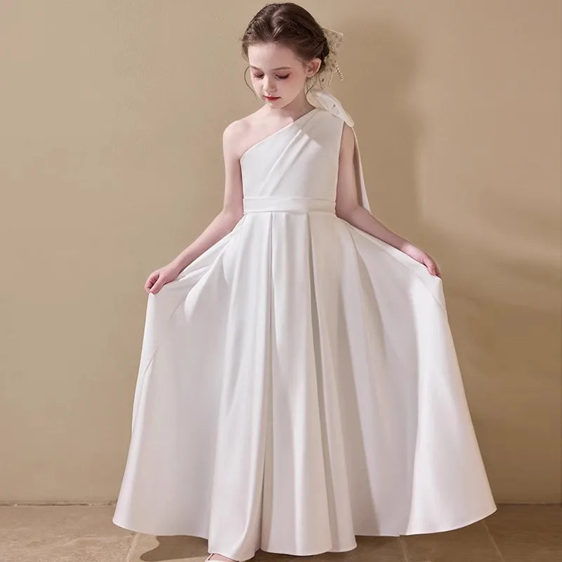 Fashion Baby Girl Princess Bow Satin One Shoulder Long Dress Child Elegant Vestido Wedding Party Birthday Baby Clothes 1-14Y