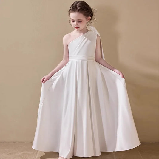 Fashion Baby Girl Princess Bow Satin One Shoulder Long Dress Child Elegant Vestido Wedding Party Birthday Baby Clothes 1-14Y