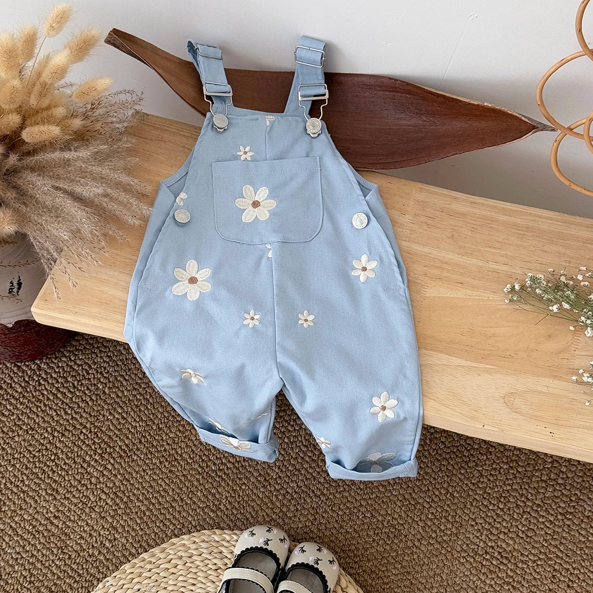 Summer Hot Baby Suspender Pants Sleeveless Flower Embroidery Loose Overalls Romper Girls Jumpsuits Boys Clothes with Pockets