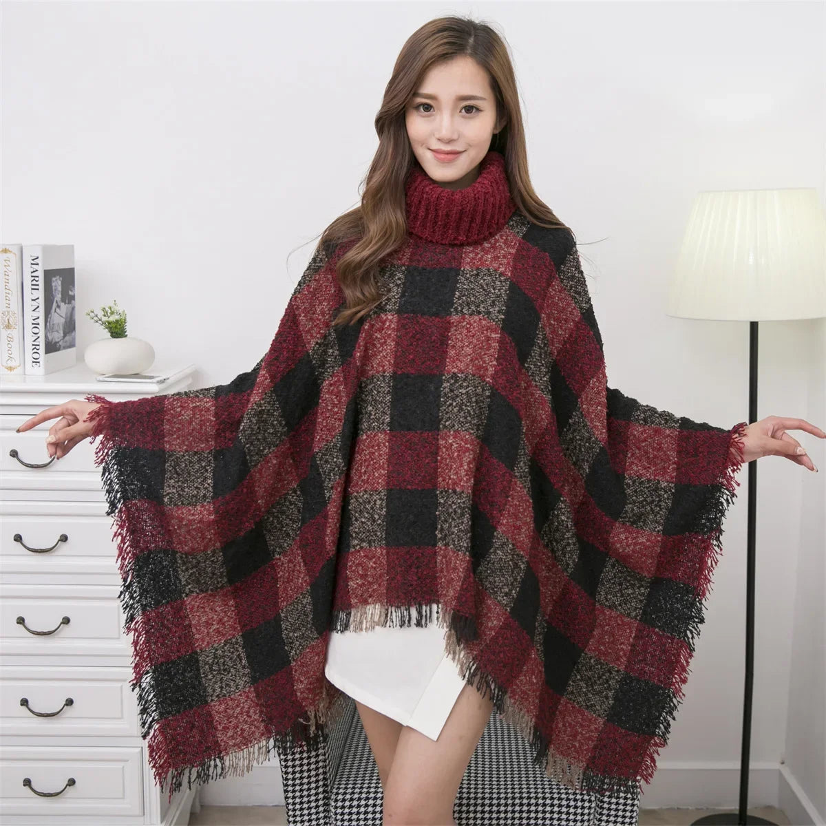 New Women Autumn Winter Striped Knitted Poncho Shawl Sweater Overcoat Streetwear Thick Warm High Neck Loose Knitwear Long Coat