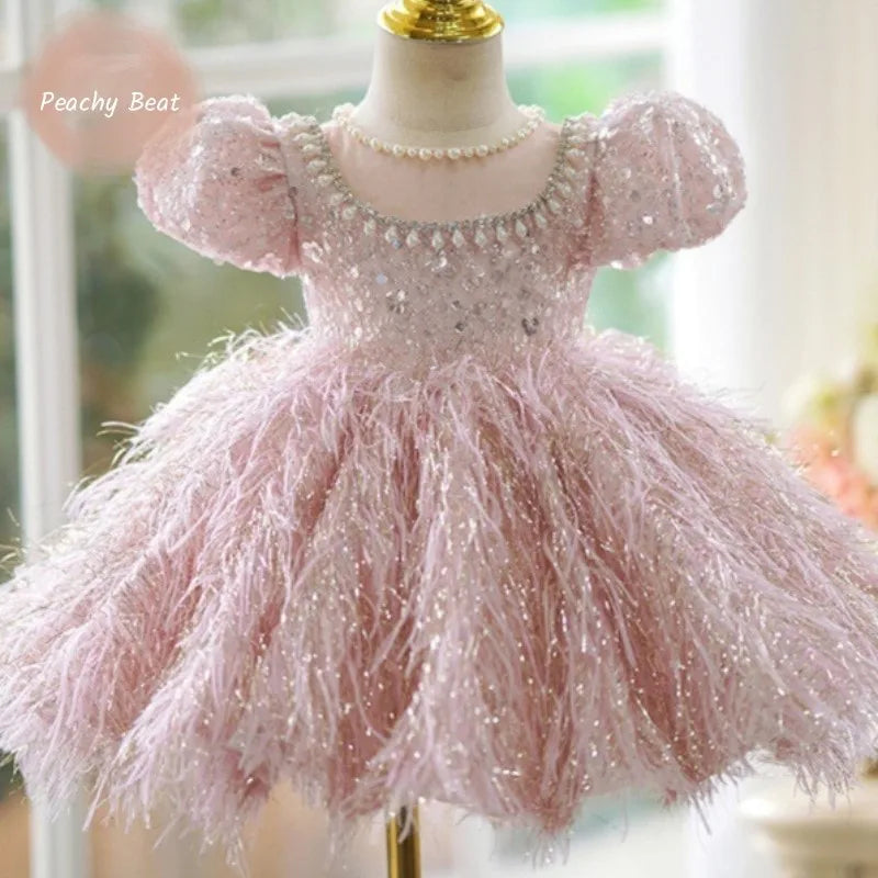 Fashion Baby Girl Princess Sequins Feather Dress Puffy Sleeve Toddler Child Pearl Vestido Party Birthday Baby Clothes 2-14Y