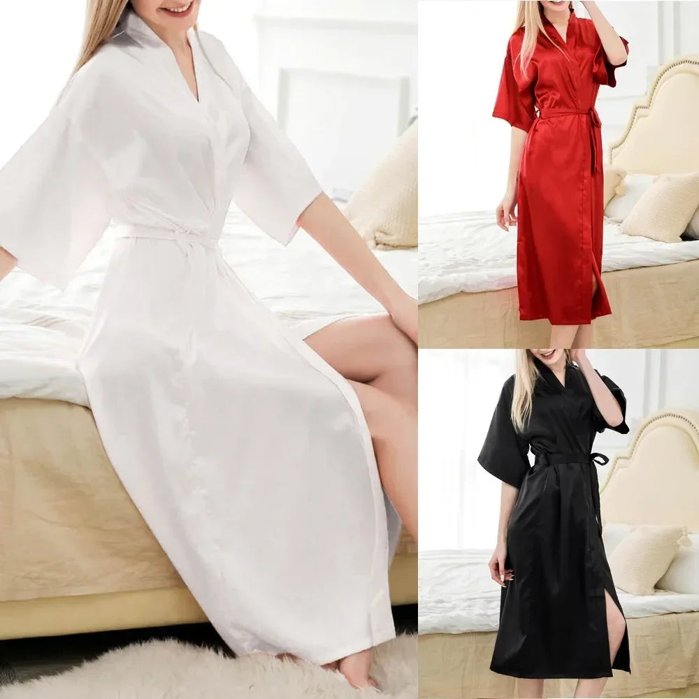 2025 New Summer Womens Satin Long Robe Nightgowns Wedding Dressing Gown Sleepwear Ladies Solid Color Lingerie Comfort Nightdress