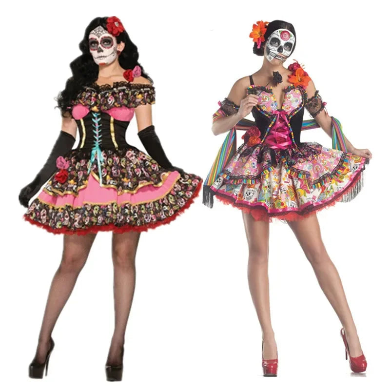 Carnival Party Halloween Mexico Day Of The Dead Women Sexy Sugar Skull Flower Fairy Ghost Bride Costume Cosplay Fancy Dress