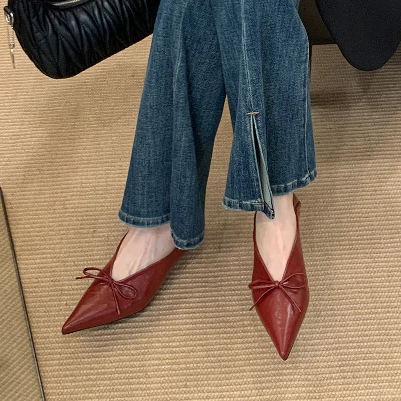 2025 New Fashion Butterfly-Knot Women Low Heels Pumps Shoes Shallow Female Slip On Footwear Pointed Toe Ladies Heeled Shoes