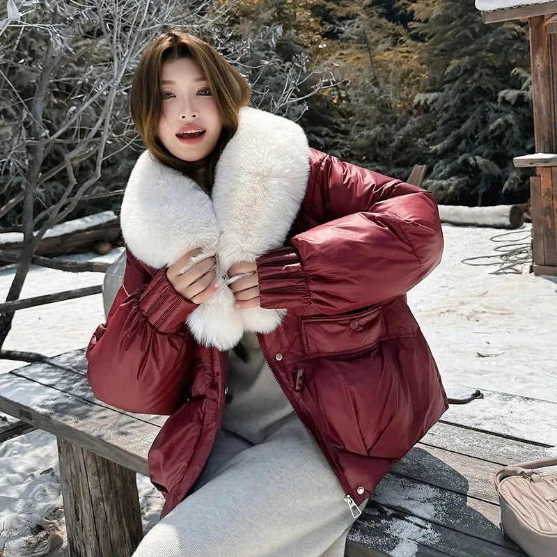 Winter Women Down Cotton Coat Street Imitation Fur Collar Hooded Short Cotton Padded Jacket Female Basic Snow Warm Overcoat 2025