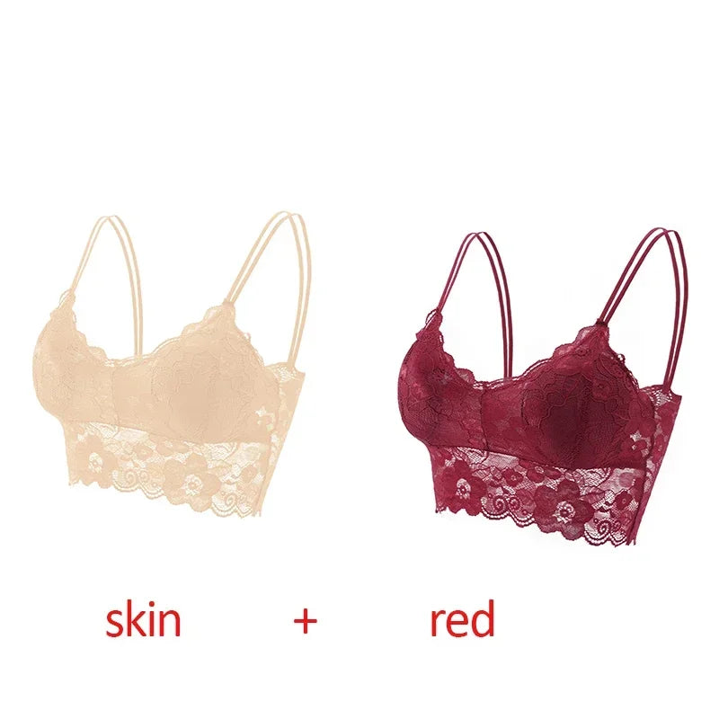 2pcs Sexy Bra Women Lace Bralette Floral Lingerie Underwear Wireless Padded Brassiere Seamless Ultra Strap Wire Free Bras Vest