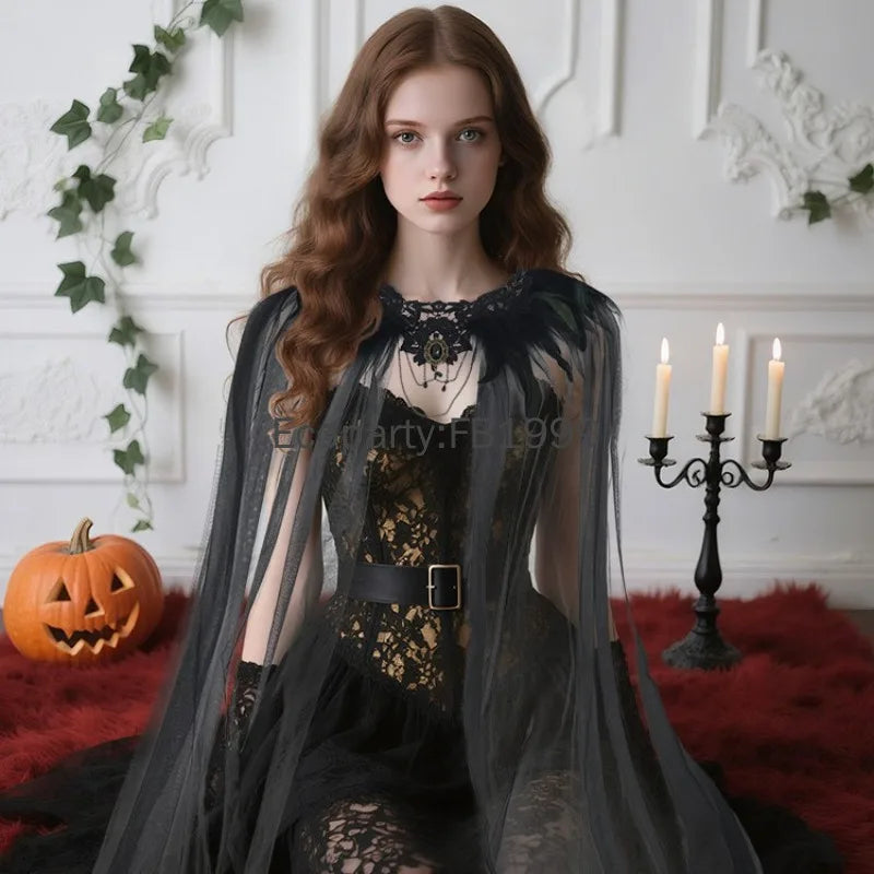 New Halloween Medieval Queen Feather Yarn Cloak for Women Black Tulle Gothic Vampire Bride Cosplay Mesh Shoulder Veil Cape