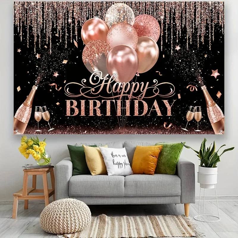 Shiny Balloon Glitter Pink Background Cloth Happy Birthday Party Baby Shower Decoration Arrangement Banner Photography Props