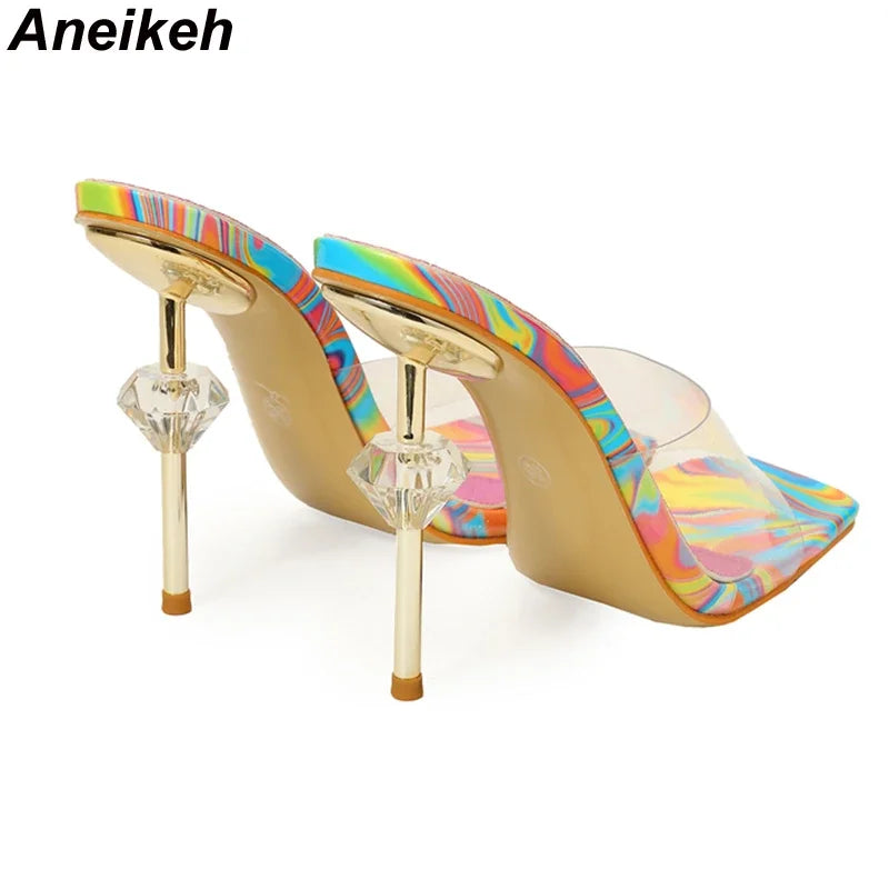 Aneikeh NEW Sexy Strange Transparent Heels Slippers Fashion TOTEM PU Summer Sandals Peep Toe Slip-On Clear Shoes Women Slides