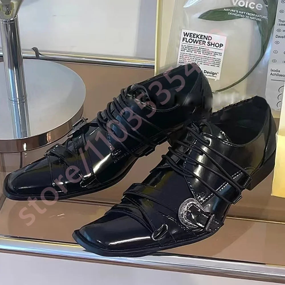 Black Pointed Toe Women's Thick Heel Leather Shoes 2025 Summer New Belt Buckle Pumps Street Fashion Y2K Party Casual Pumps