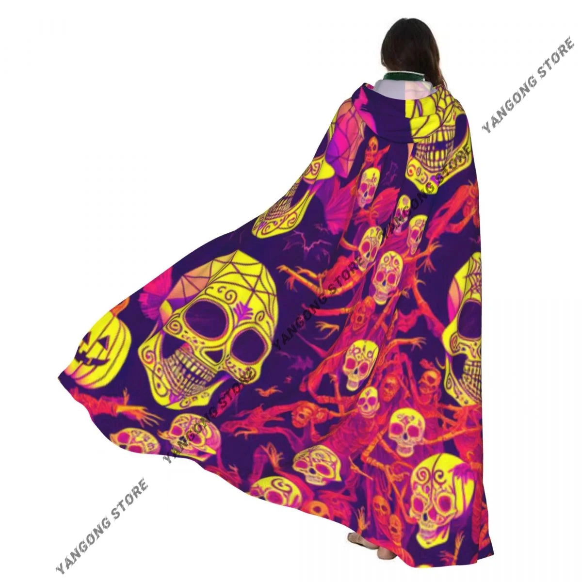 Boho Style Skull And Flowers Hooded Cloak Coat Halloween Cosplay Costume Vampire Devil Wizard Cape Gown Party