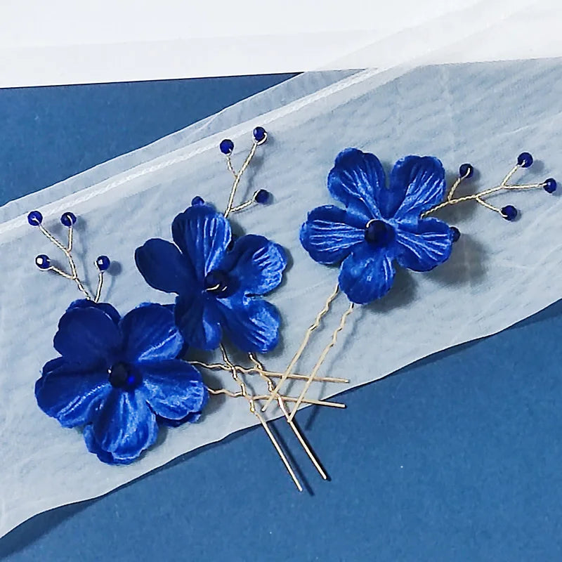 3PCS Women Blue Color Flower Hairpin Stick Wedding Bridal Crystal Pearl Hairpin U Shaped Hair Clip Barrettes Hair Accessories