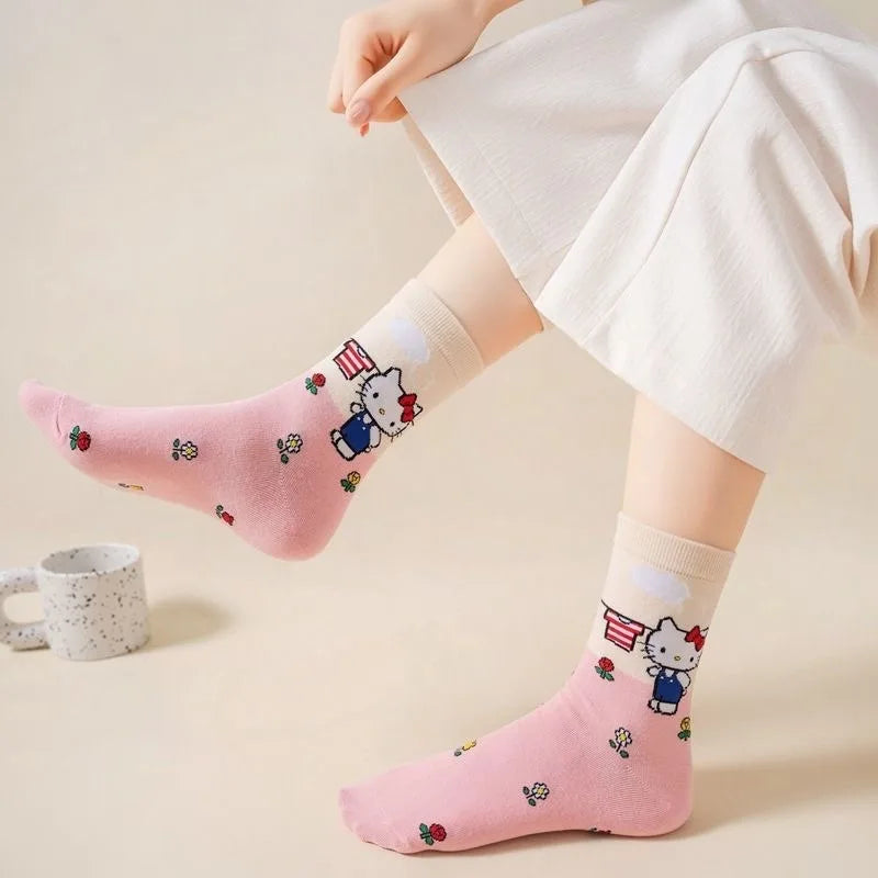 Cartoon Sanrio Hello Kitty Women's Socks My Melody Cute Girl Mid-tube Cotton Socks Kawaii Student Sock Girl Kids Christmas Gift