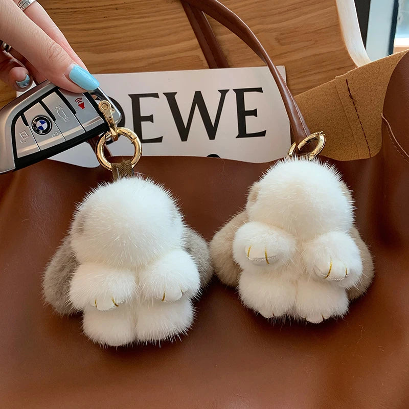 Mink Bunny Keychain Pompon Keyring Bunny For Women Bag Charms Car Key Chain Cute Rabbit Key Ring On Bag Car Trinket Pendant Gift
