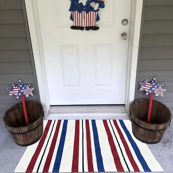 1pc 4th Of July Patriotic Door Mat - Blue White Red Striped Welcome