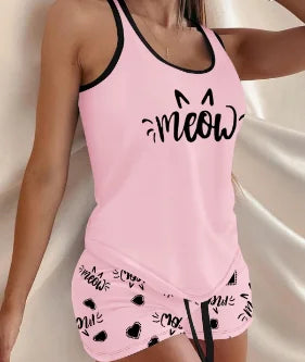 Plus Size Sexy Women Lingerie Set Heart Print Lingerie Lace Pajamas Trim Bowknot Decor Cami Top Lace Patch Shorts Sleepwear Set