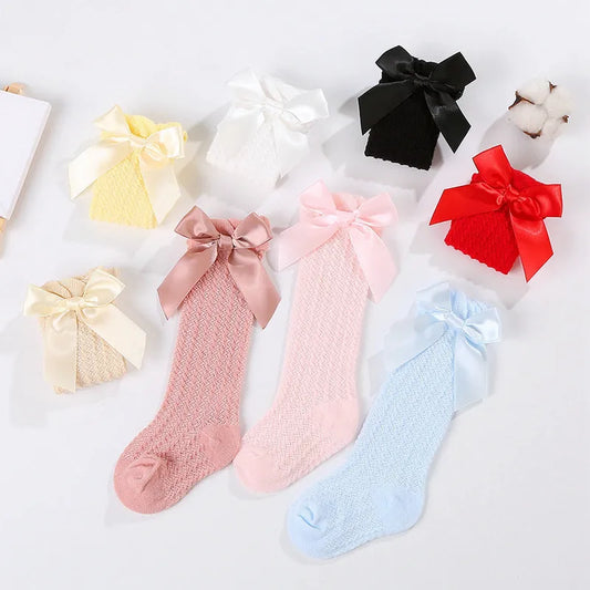 Newborn Baby Girl Knee High Socks Autumn Clothes Long Socks Thin Mesh Stockings with Bow for Infants Baby Items Clothing
