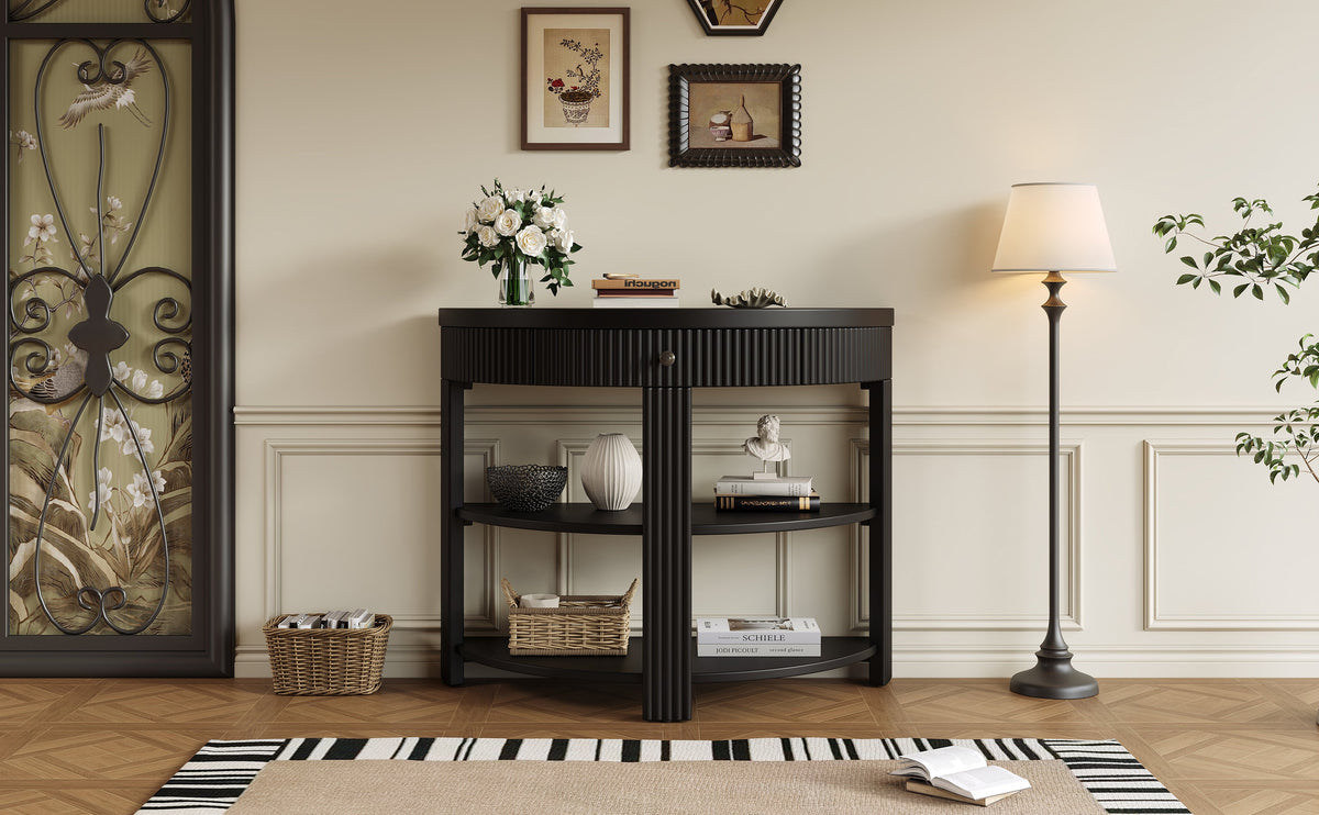 Fluted Half Moon Console Table with Drawer and 2 Shelves for Entryway,