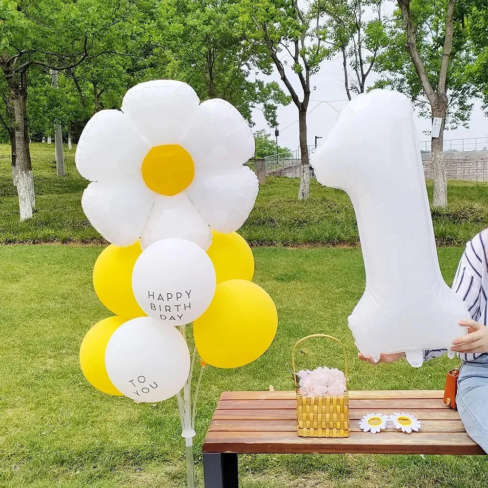 8pcs White Daisy Balloon Set With 32inch 1-9 White Number Ballon For  Daisy Themed Birthday Party Decor Kids Toys Helium Globos