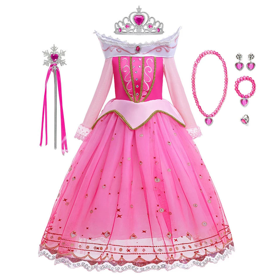 Sleeping Beauty Costume for Girls Aurora Dress Long Sleeves Off Shoulder Kids Halloween Christmas Fancy Party Princess Clothing
