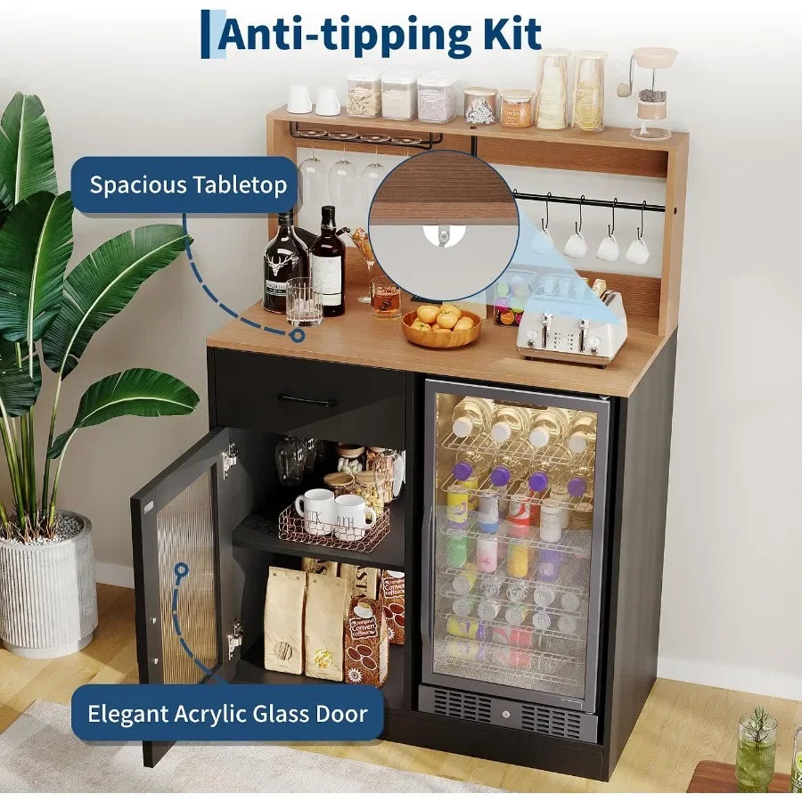 Wine bar cabinet with fridge space and top display hutch for home entertainment, black metal and wood, sleek modern design with