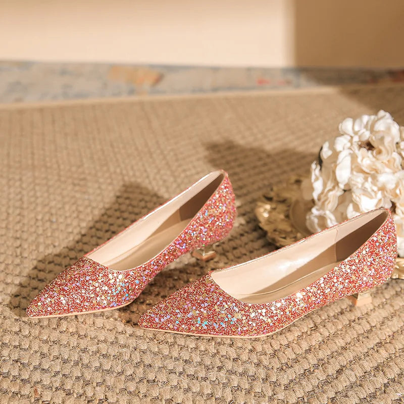 Size 34-41 Red Low Heels Women's Stiletto Heel Wedding Shoes Women Pointed Toe Fashion Sexy Elegant Bride Pumps Gold