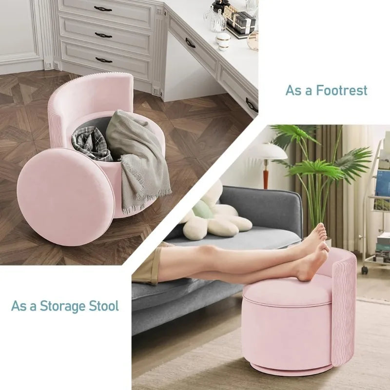 360° Swivel Accent Chair with Storage, Vanity Stool with Back,Velvet Storage Ottoman,Upholstered Round Barrel Vanity Chair(Pink)