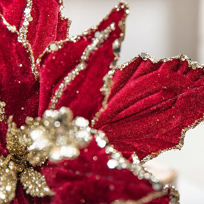 Velvet 26cm Christmas Flower Handmade Golden Glitter Artificial Flower Christmas Tree Hanging Flowers Pendant Decor 2025New Year