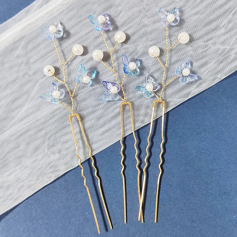 3PCS Women Blue Color Flower Hairpin Stick Wedding Bridal Crystal Pearl Hairpin U Shaped Hair Clip Barrettes Hair Accessories