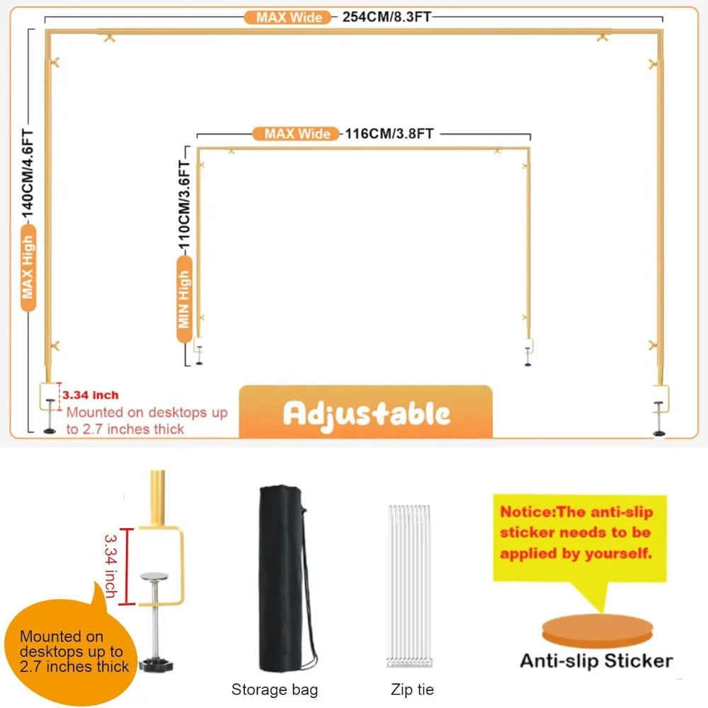 Over The Table Rod Stand with Clamps Adjustable 46"-100'' Length 29"-55" Height Gold Table Balloon Arch Stand with Storage Bag,