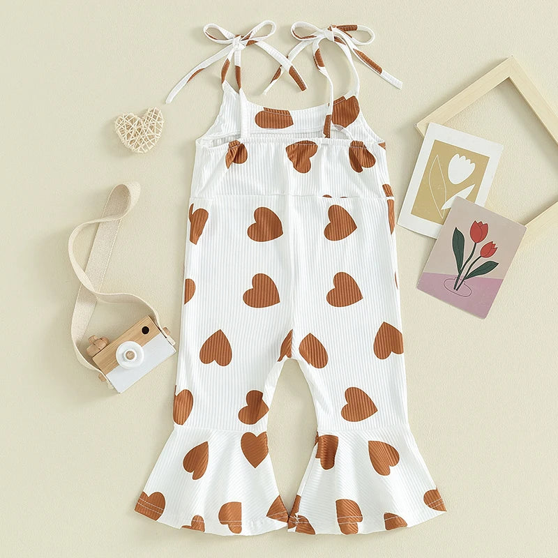 1-5Y Toddler Girls Valentine's Day Jumpsuit Heart Print Sleeveless Tie-Up Spaghetti Straps Bell-Bottoms Romper Overalls Clothes