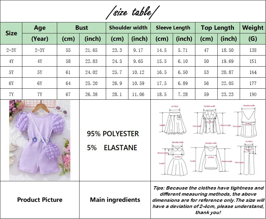 【Free Bag】 KIds Girl Jumpsuit Baby Girl Set Summer Short Sleeve Shorts Leisure Beach Children Clothes Floral Belt Outfit 2-7 Yrs