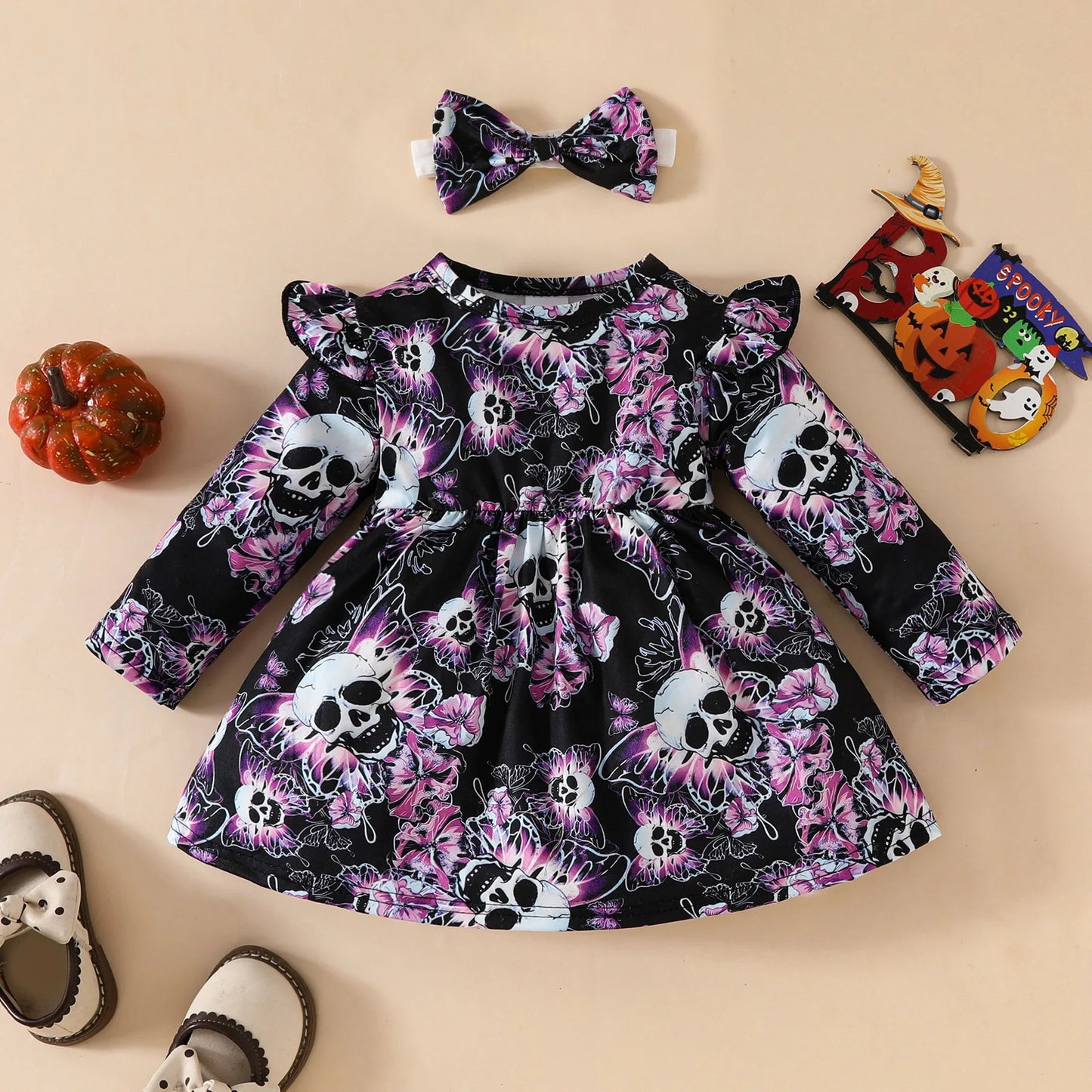 Halloween Children Costume Cute  Girl  Dress Long Sleeve Butterfly Skeleton Print Party Dress Gothic Outfit Baby Girls Clothes
