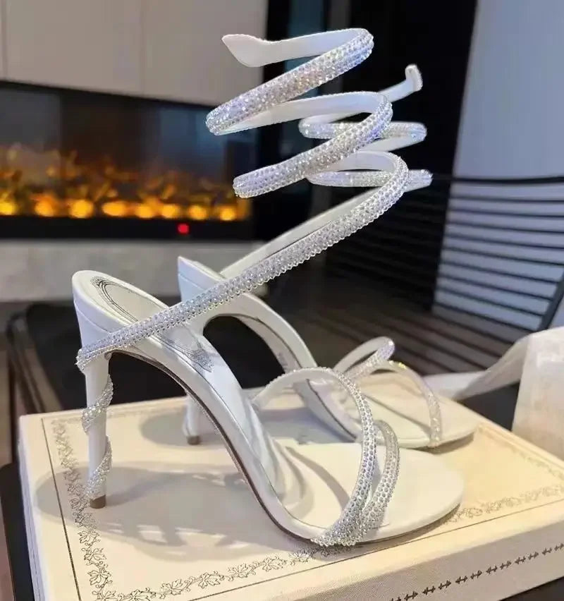 2025 New Luxury Women's Sandals Sexy Gold Rhinestone Snake Surrounding Crystal Contrast High Heels Banquet Wedding Shoes