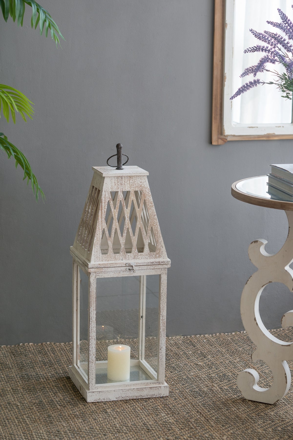 Set of 2 Rustic White French Country Wood & Glass Lanterns