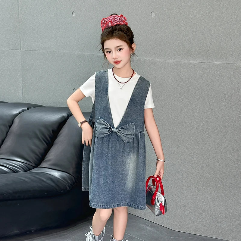 Kids Fashion Reversible Clothes Loose Fit Sleeveless Denim Vest Dress with Bow for Teens Girl Street Outfit Child Jeans Dress