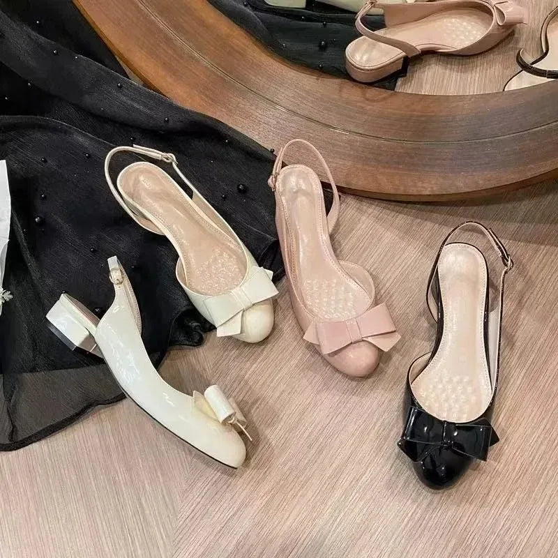 Large Size Comfort Shoes for Women 2025 Sandals Square Toe French Block Heel Single Shoes Bow 2025 New Women's High Heel Sandals