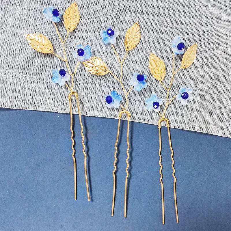 3PCS Women Blue Color Flower Hairpin Stick Wedding Bridal Crystal Pearl Hairpin U Shaped Hair Clip Barrettes Hair Accessories