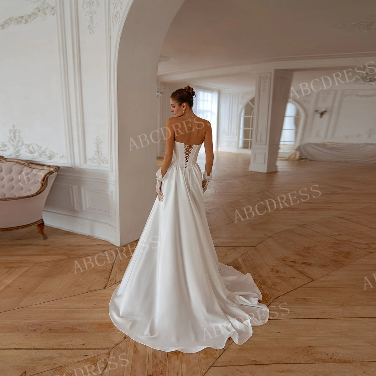 ABCDRESS Customized Elegant Strapless Ball Gown Corset Sleeveless Wedding Dresses Lace Details High Slit Bridal Dress