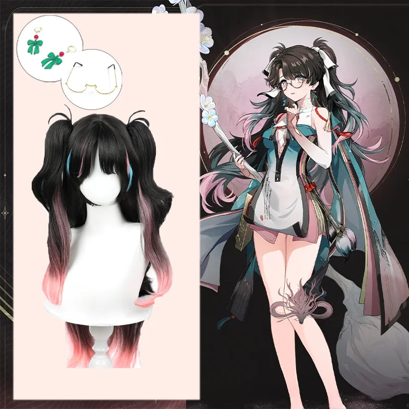 Wuthering Waves Zhezhi Cosplay Wig Black Pink Double Ponytail Long Hair 80cm Women Glasses Earrings Accessories Halloween Party