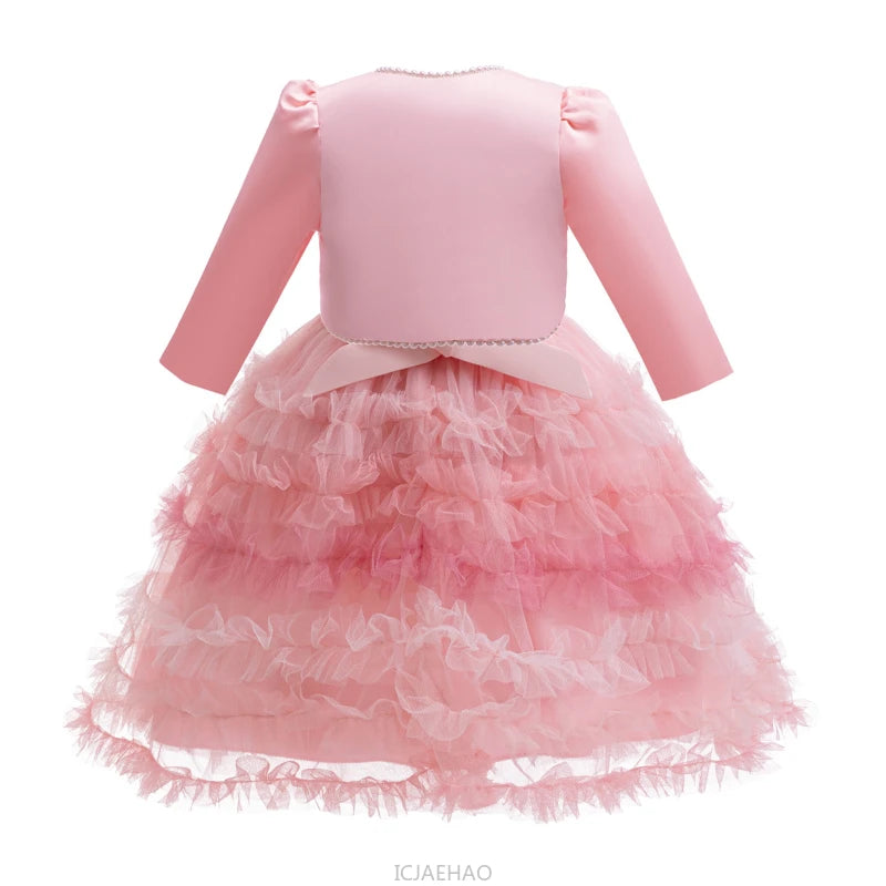 Wed Dress Pink Kids Girls Sleeveless Bow Single Button Coat 2 Piece Satin Set Dresses Tulle Skirt Children Pearl Long Sleeve