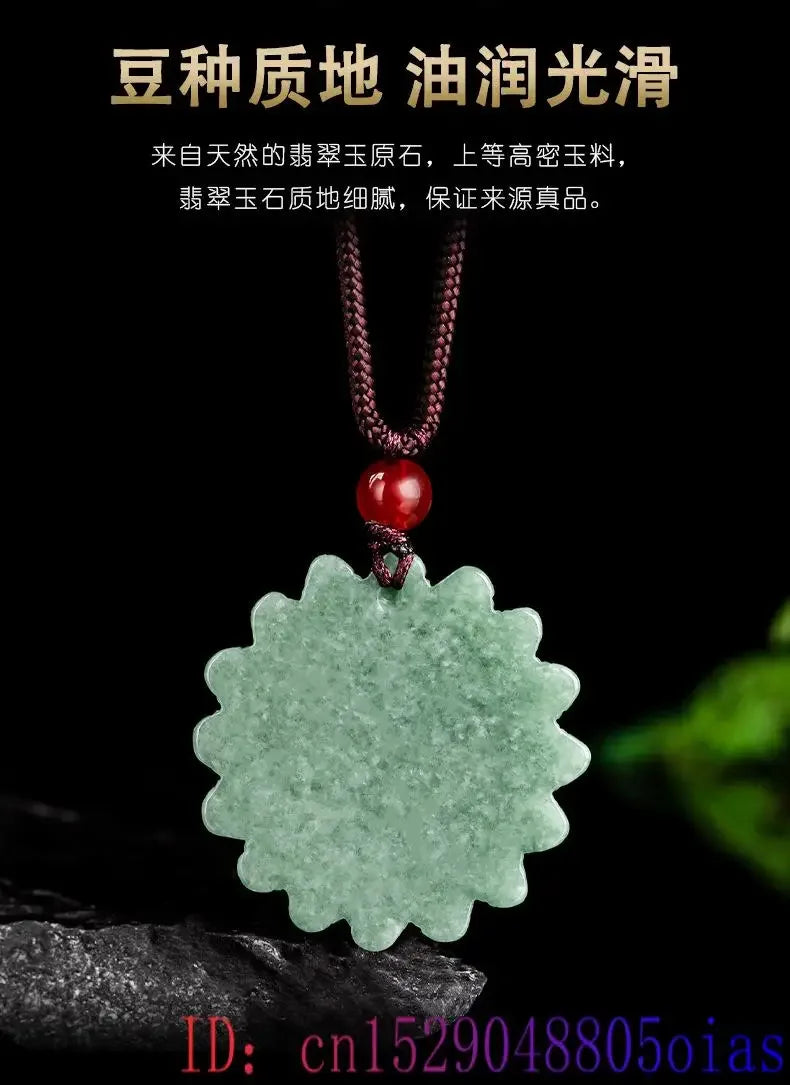 Green Jadeite Sunflower Pendant Necklace Amulet Luxury Accessories Natural Burmese Jade Carved Men Stone Real Jewelry Choker