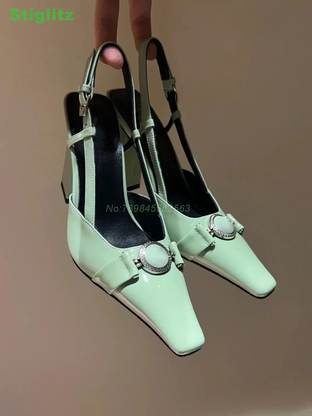 Sexy Slingback solid Sandals Metal Decoration Square Toe Chunky Shallow 2024 Summer Women Luxury Shoes Pink Purple Large Size