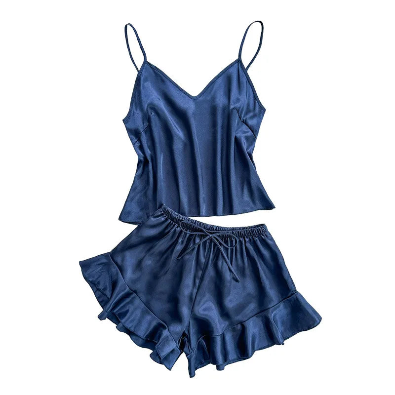 Fashion Strap Top Shorts Women Ice Silk Pajamas Suit 2Pcs Sexy Lingerie Suit Underwear Summer New Home Clothes Loungewear